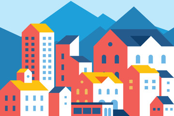 Flat illustration vector in bright blue and red colors. Geometric house background design	