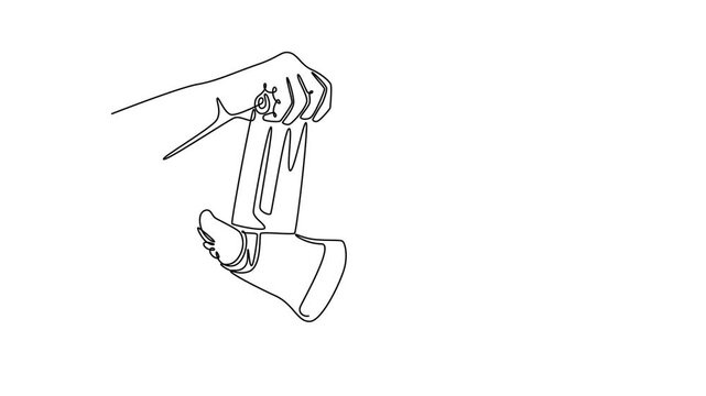 male doctor bandaging foot of female patient. Doctor and patient concept. Single line draw design. Full length animation illustration. High quality 4k footage