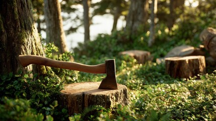Naklejka premium Wood axe resting on a tree stump in a lush, sunlit clearing in the forest