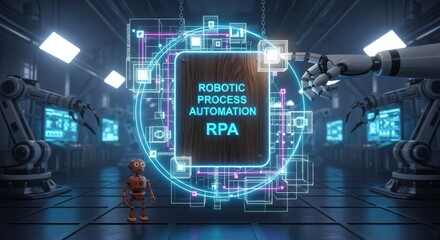 Robotic Process Automation (RPA) Futuristic Concept: Holographic Data Network with Industrial Robots in High-Tech Factory