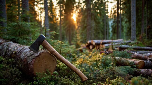 Sharp axe resting on a felled log in a dense sunlit pine forest