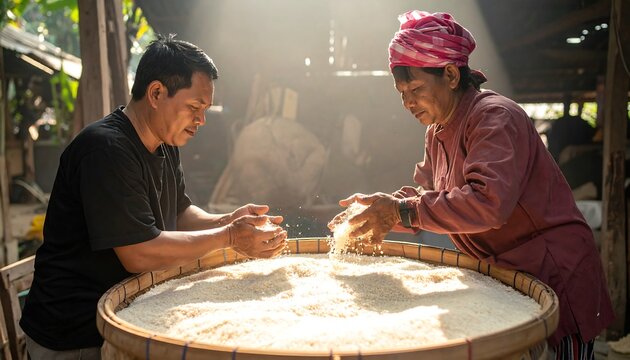 Two individuals sort grains, possibly rice, within a large, circular woven tray under warm sunlight. The rustic setting is evident