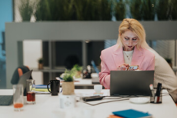 A focused professional woman in a pink blazer sits at a modern office desk, browsing on a smartphone while a laptop is open.