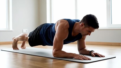 Man doing a challenging plank exercise on a yoga mat in a bright room, focusing on strengthening his core muscles and improving overall fitness at home - Powered by Adobe