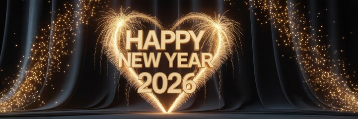 A festive New Year's banner 2026 with a large golden text “Happy New Year 2026" in the center, surrounded by bright golden fireworks.