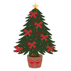 Vector illustration of green Christmas tree adorned with a red and yellow bows, ribbons and yellow star topper in a wooden pot. Flat design isolated on a white background.