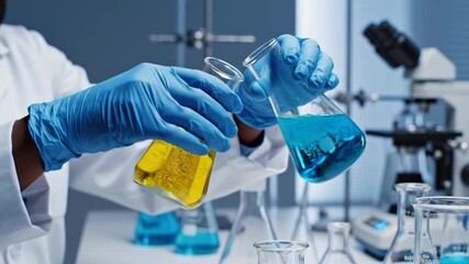 Scientist holding beakers with liquid in laboratory - This stock video shows a scientist wearing blue gloves and a white coat holding beakers with yellow and blue liquid. - Powered by Adobe