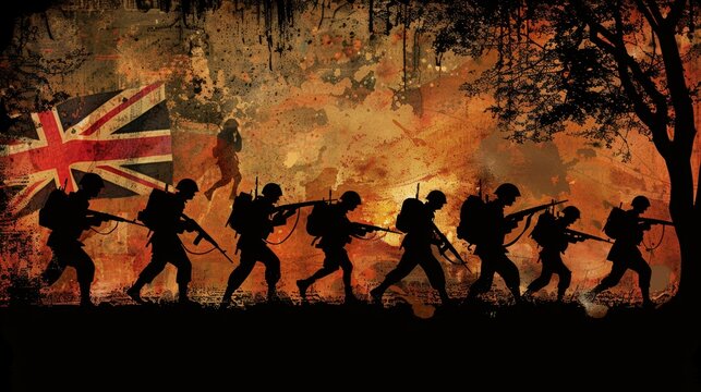 Silhouettes of soldiers with union jack at dusk, commemorating remembrance day and military legacy - Powered by Adobe