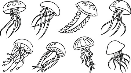 Obraz premium Elegant jellyfish illustrations capture ocean's graceful movement and delicate beauty for marine life designs and educational content
