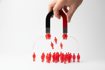Close-Up Image of Hand Using Horseshoe Magnet to Attract Red Human Figures on White Background.
