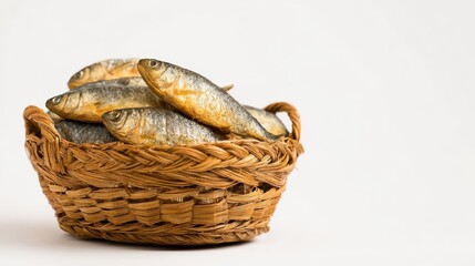Basket of salted peda fish captured against a plain white backdrop
