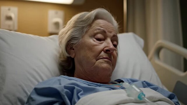 Elderly woman with gray hair lying in a hospital bed, receiving iv treatment, looking up with a pensive, sad expression conveying vulnerability, solitude and medical care