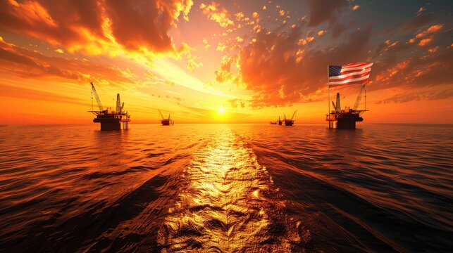 Silhouette of oil rigs against a sunset with american flag representing the u.soil industry - Powered by Adobe