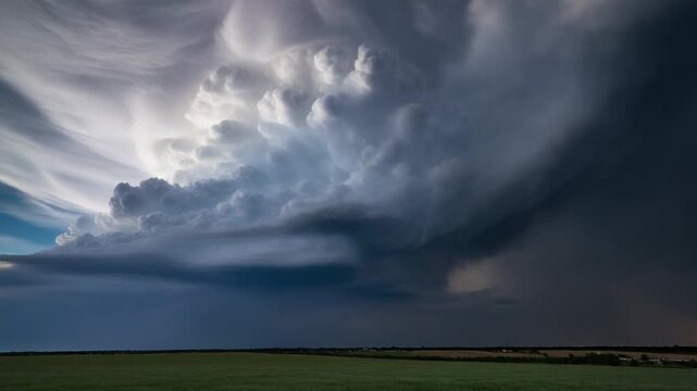 Dramatic Supercell Thunderstorm Swirling Over Plains.