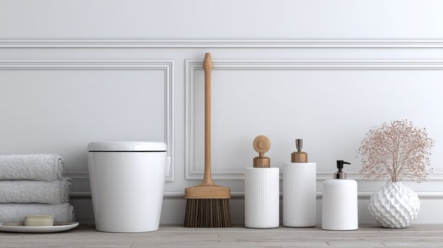 Bathroom essentials and brush by white wall