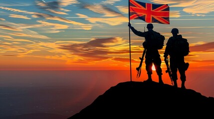 Silhouettes of soldiers with uk flag at sunset, commemorating remembrance day and military heritage