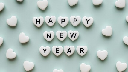 White heart-shaped beads with the inscription “Happy NEW YEAR” on a mint green background.