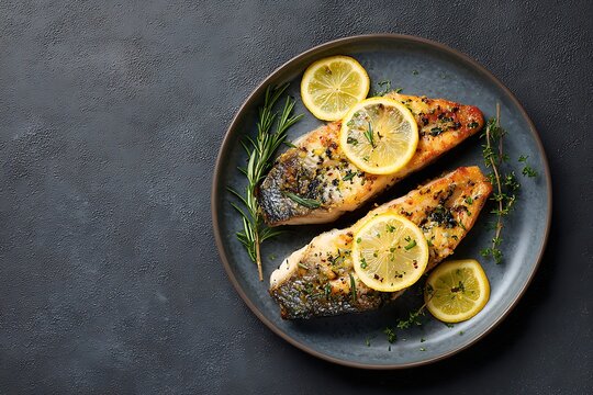 Plate of grilled fish with lemon slices garnish