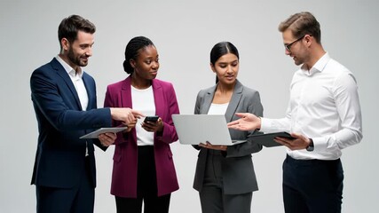 Diverse group of business professionals standing together, using tablet, smartphone and laptop to collaborate on digital communication, teamwork and modern connectivity - Powered by Adobe
