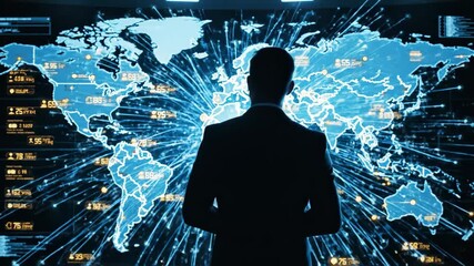 Global Data Analysis Visualization - A man in a suit silhouette stands in front of a large screen displaying a world map with data points and connection lines, suggesting global connectivity or - Powered by Adobe