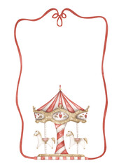Amusement park. Watercolor hand-drawn charming frame template with red ribbon and merry go round. Whimsical card for design invitation, greeting card. © Nellya Egorova
