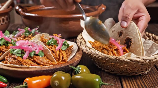 Chicken Tinga Tacos Preparation - A chef is preparing chicken tinga tacos. The scene displays a wooden table with tacos garnished with pink onions and cilantro, accompanied by hot peppers.