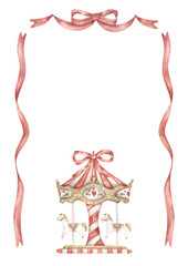 Amusement park. Watercolor hand-drawn charming frame template with red bow, ribbon and merry go round. Whimsical card for design invitation, greeting card.