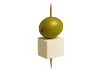 Green olive and cube cheese on a toothpick, a simple and tasty appetizer for parties and snacks, transparent background