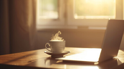 Cozy morning scene with steaming coffee next to a laptop on a wooden table, bathed in warm sunlight. Perfect aesthetic background for remote work, relaxation, or a peaceful start to the day. Elegan