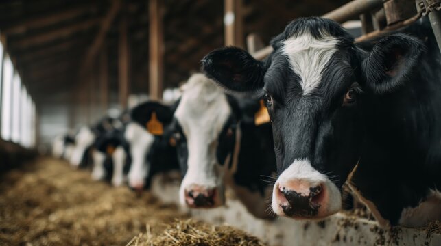 Close-up of a Holstein cows looking directly at the camera inside a barn