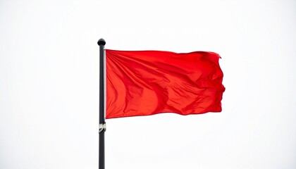 Bright red flag waving on black pole, white background, dynamic folds, studio lighting, isolated