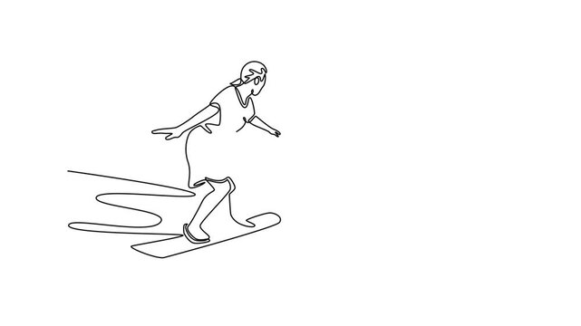 woman on vacation in Dubai sandboarding at the sand dunes of Dubai. Travel experience concept. Single line draw design. Full length animation illustration. High quality 4k footage