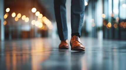 Fototapeta premium Close-up of a man in a suit walking across a reflective floor with brown shoes