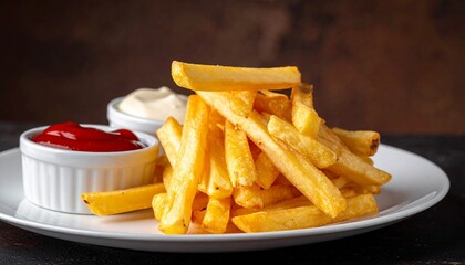 Golden crispy French fries served on white plate with ketchup and mayonnaise in ramekins, dark blurred background.