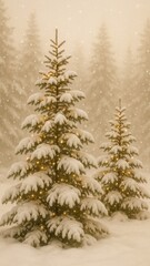Obraz premium Snowy evergreen trees with lights mobile wallpaper