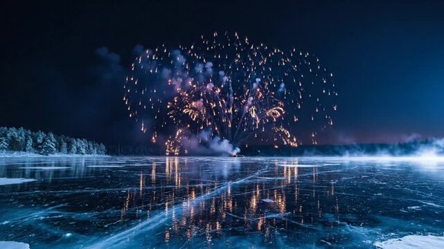 Fireworks exploding over a frozen lake with reflections on the ice