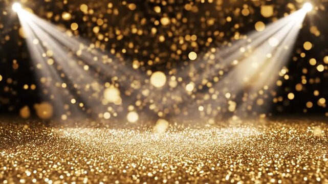 Golden Glitter Stage with Spotlights - This video showcases a stage or surface covered in dense golden glitter, brightly illuminated by two spotlights.