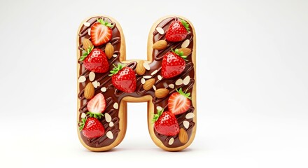 Cookie letter "H" decorated with strawberries, chocolate, and almonds  