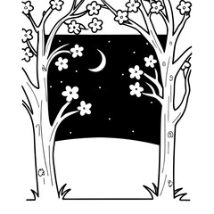 Minimilist illustration of two trees framing a night sky with a crescent moon and stars and flowers on the branches vector