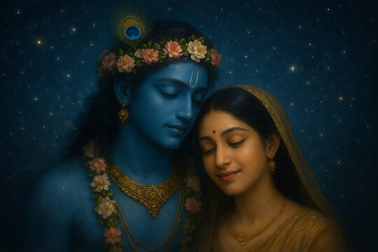 Sri krishna and radha blissful embrace portrait deep blue starry background hindu deities showing unconditional love and spiritual connection