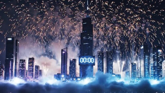 New Year's Eve countdown to midnight with fireworks over a modern city