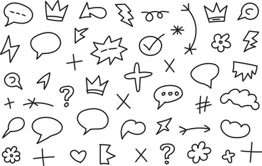 Hand Drawn Doodle Speech Bubbles and Symbol Icons Vector Sketch Set