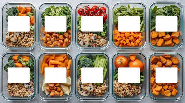 Healthy meal prep containers with some filled and some empty for text placement
