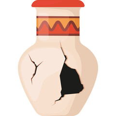 Broken ancient pottery vase with intricate geometric patterns on terracotta orange and yellow band on white background isolated on transparent background