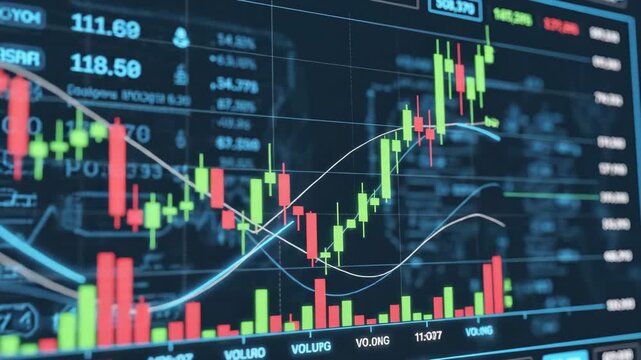 Stock Market Chart Analysis - This video displays a stock market chart with red and green candlestick patterns indicating price fluctuations.