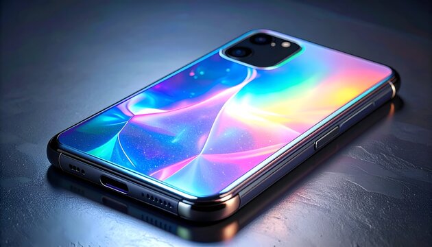 Futuristic smartphone with a vibrant, iridescent display resting on a metallic surface