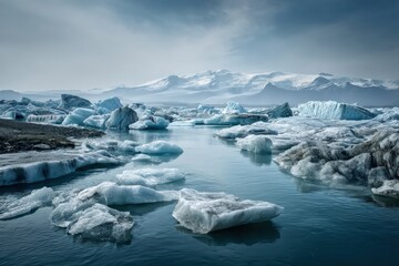 A serene landscape featuring icy blue glaciers and floating icebergs amid a tranquil waterway, with distant snow-capped mountains under a soft sky.