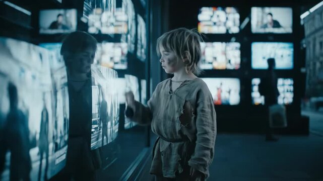 Young child experiencing poverty looking with big eyes at multiple vibrant screens displaying various media, representing the stark contrast between social classes and modern technology