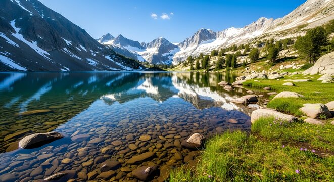 Beautiful mountain lake landscape with clear water reflection and snow capped peaks scenic view nature