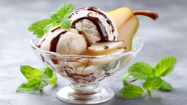 Sliced poached pears are elegantly arranged in a glass bowl, topped with creamy ice cream. Rich chocolate sauce drizzles over, garnished with fresh mint leaves for a refreshing touch